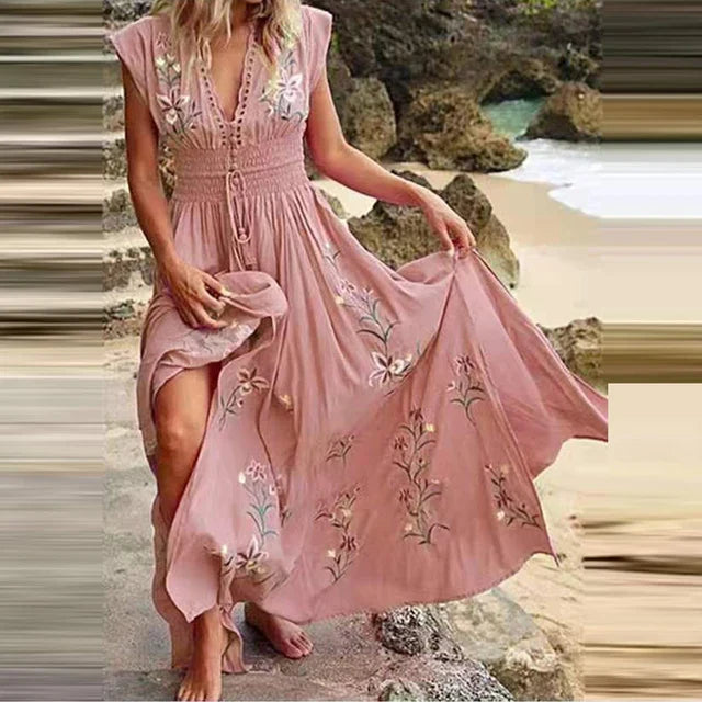 Isla – Boho maxi-jurk met V-hals en bloemenborduursels