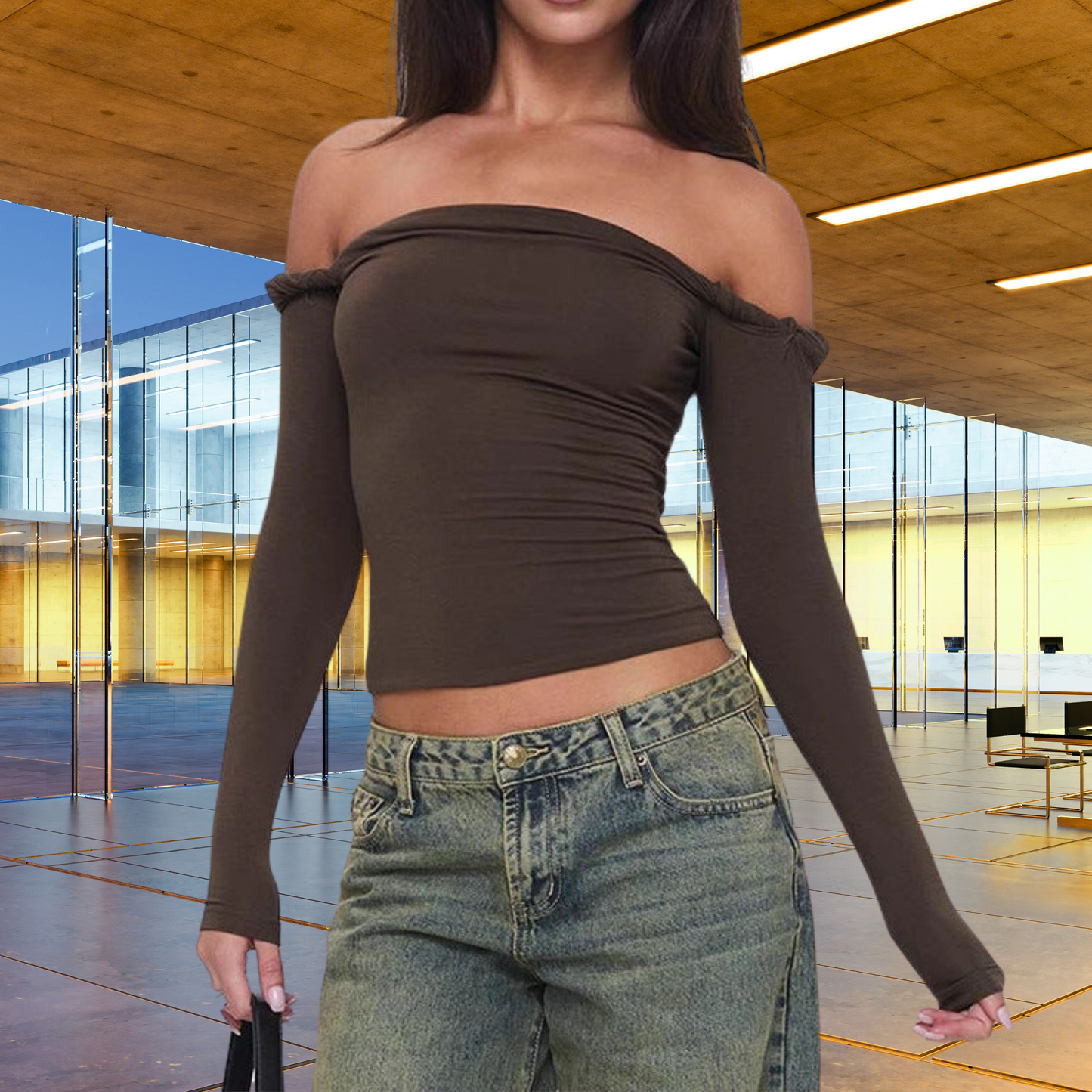 Oliva – flatterende off-shoulder top met lange mouwen