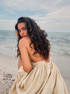 Linnen maxi jurk met v-hals en tailleplooien
