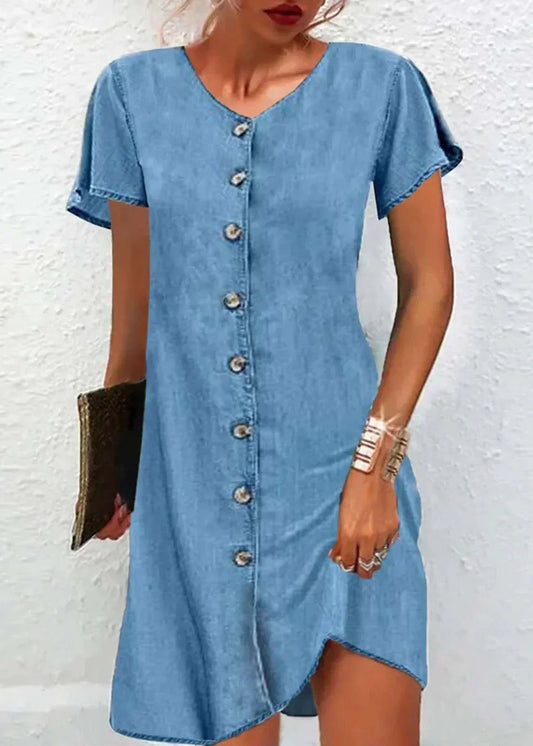Rosa – Denim Midi Jurk Met V-hals En Knoopsluiting