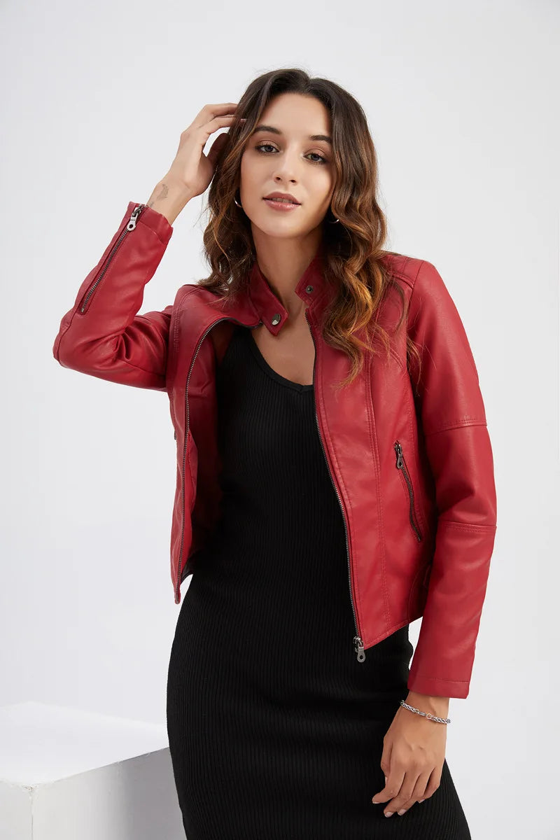 Camille – Leren Jacket Met Bandkraag En Getailleerd Design