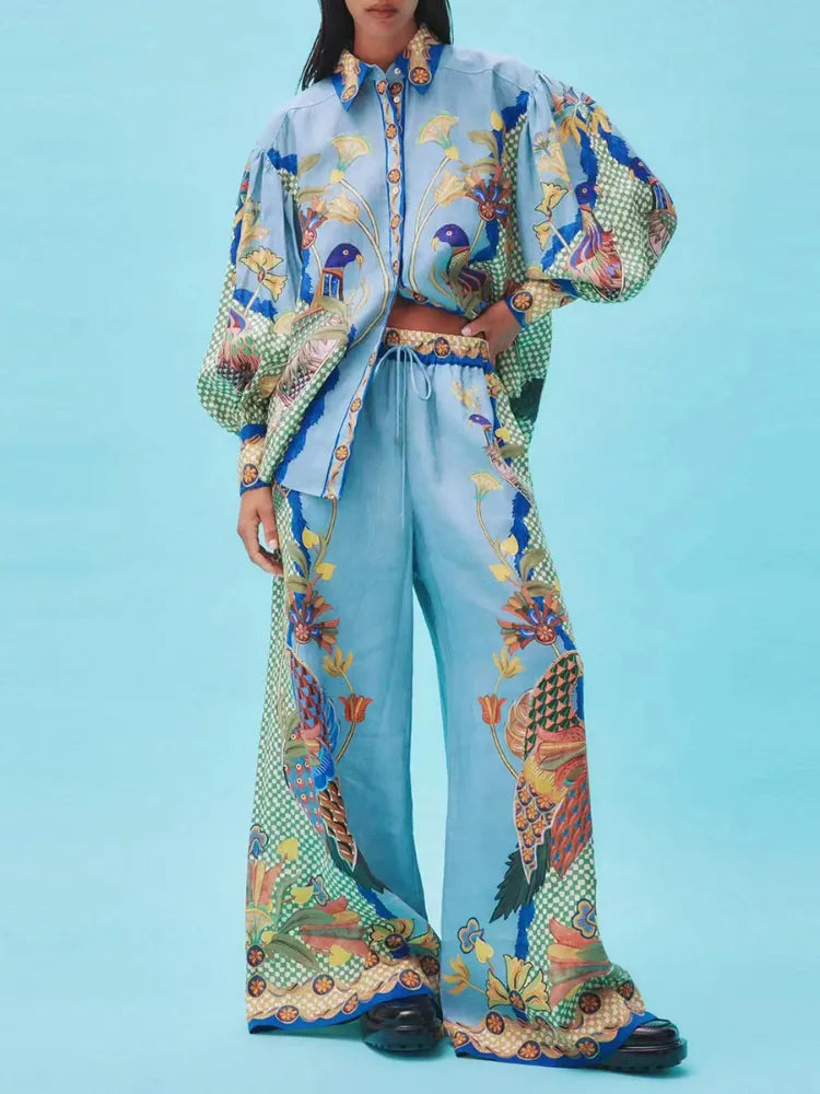 Luna – Linnen Zomer Blouse Set Met Exotische Print Met Knoopsluiting