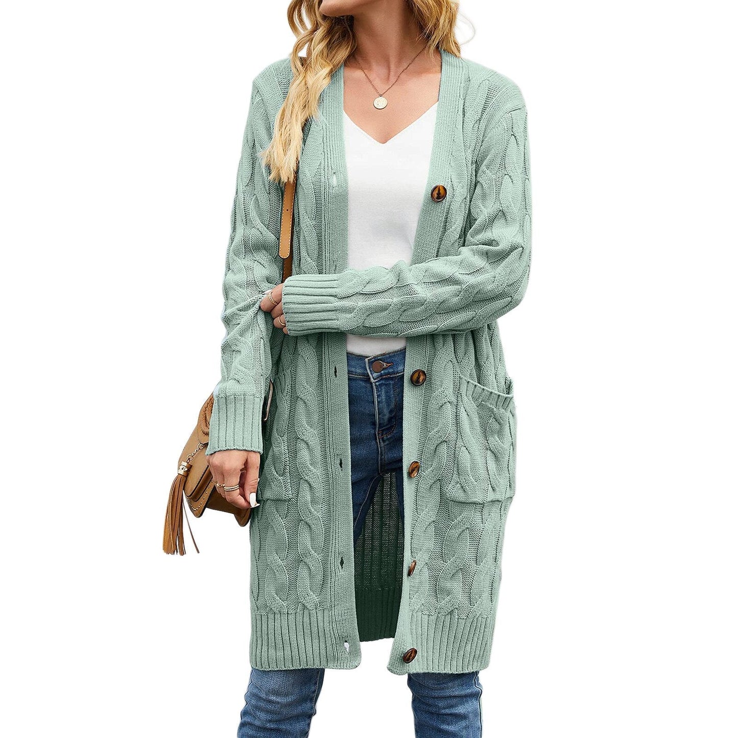 Noelle – lang dames cardigan vest van polyester met knoopsluiting en zakken