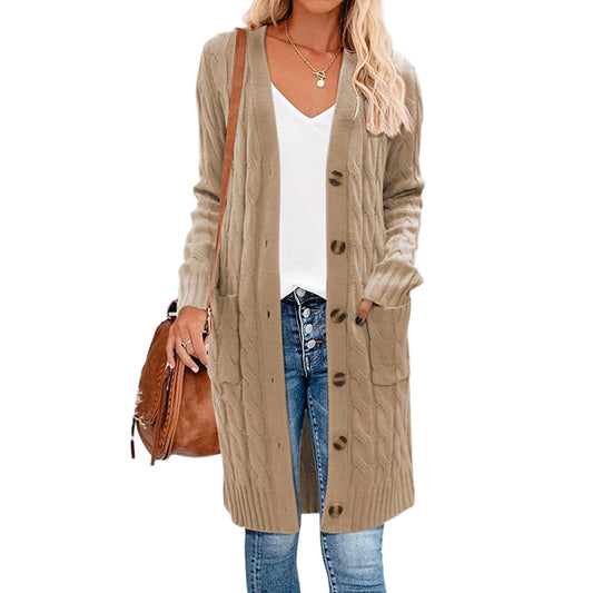 Noelle – lang dames cardigan vest van polyester met knoopsluiting en zakken