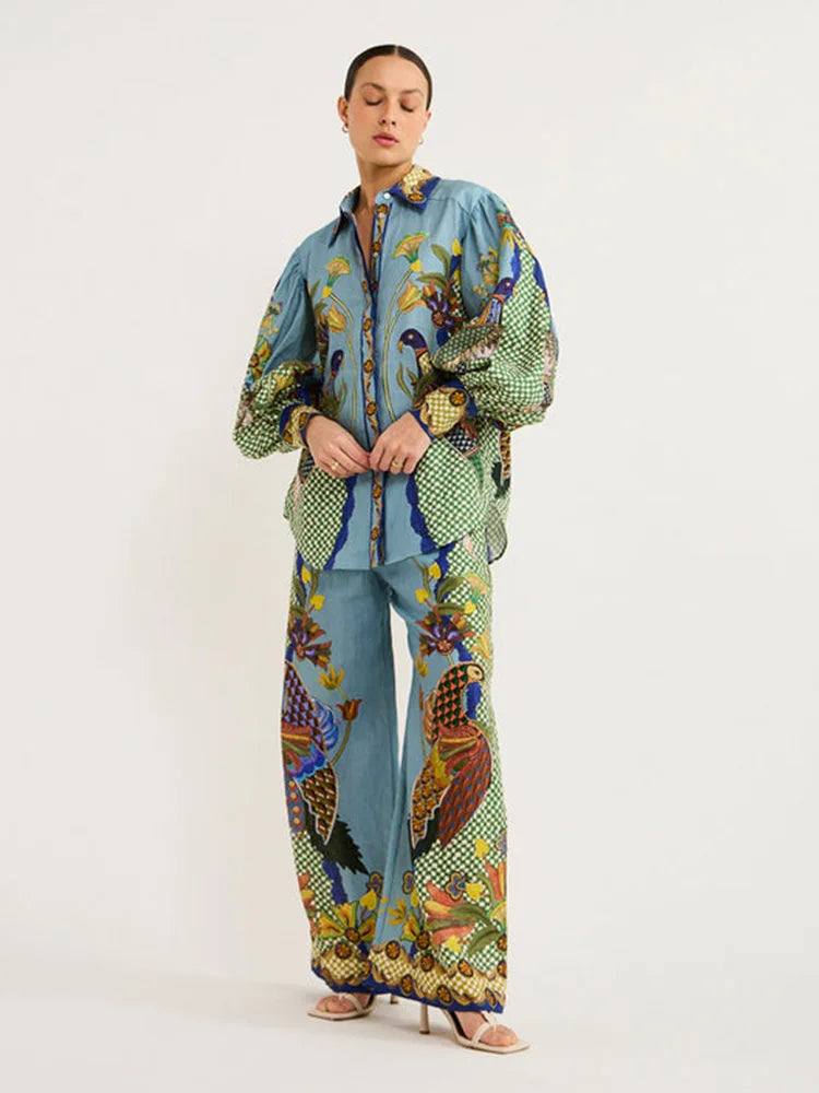 Luna – Linnen Zomer Blouse Set Met Exotische Print Met Knoopsluiting