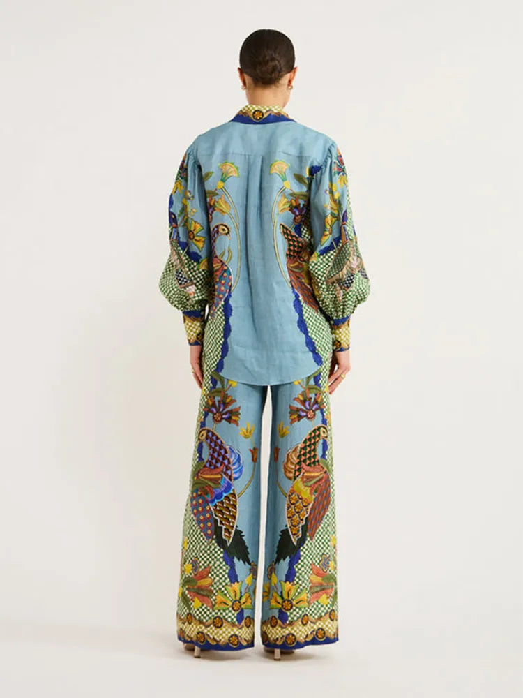 Luna – Linnen Zomer Blouse Set Met Exotische Print Met Knoopsluiting
