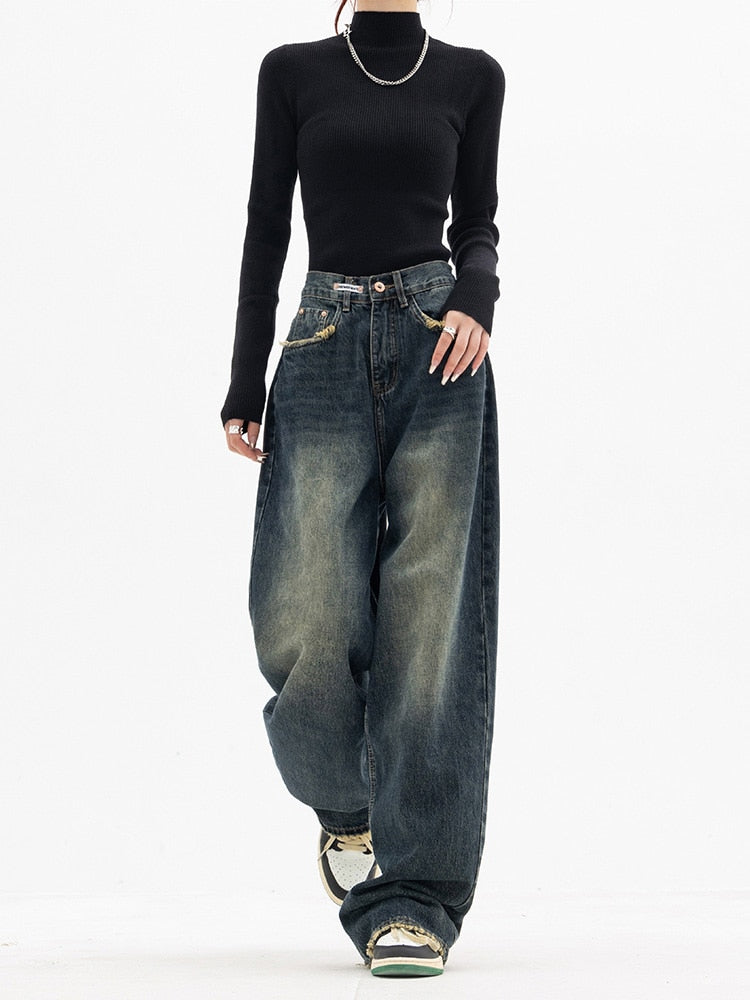 Donkerblauwe wide leg jeans met vintage wassing