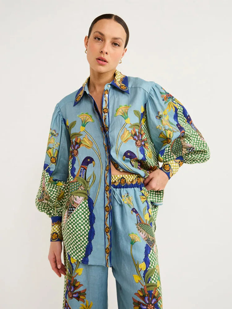 Luna – Linnen Zomer Blouse Set Met Exotische Print Met Knoopsluiting