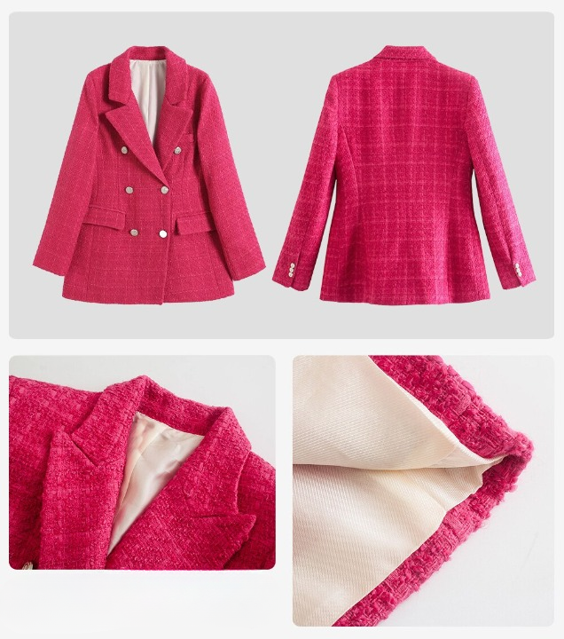 Rosa – roze tweed blazer met geruit patroon en zakken