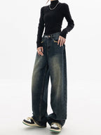 Donkerblauwe wide leg jeans met vintage wassing