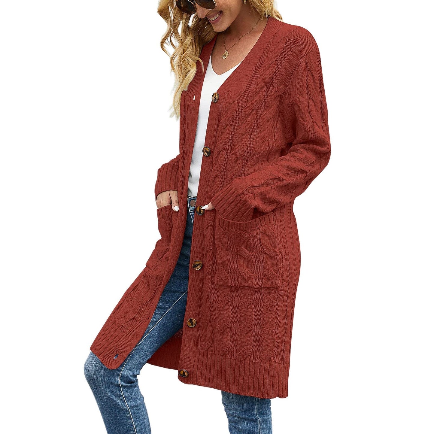 Noelle – lang dames cardigan vest van polyester met knoopsluiting en zakken
