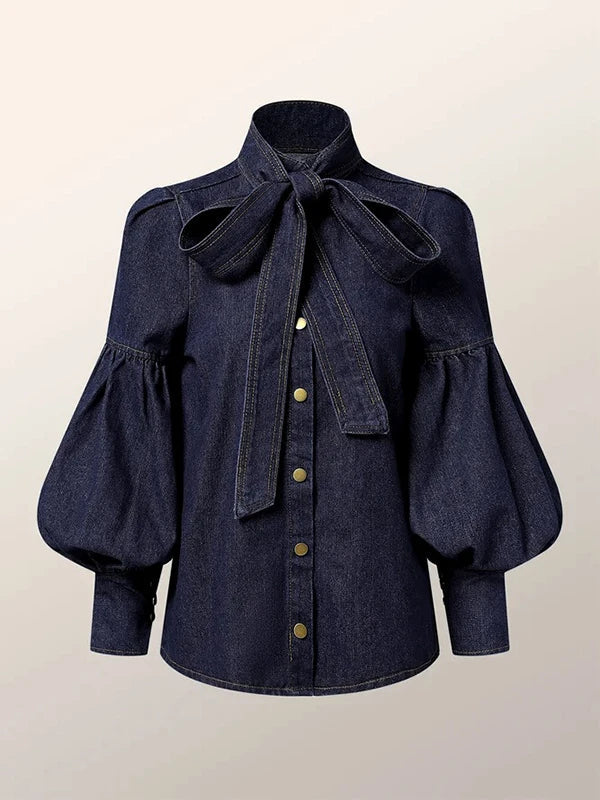Christiana – Denim Dames Blouse Met Pofmouwen en Strik