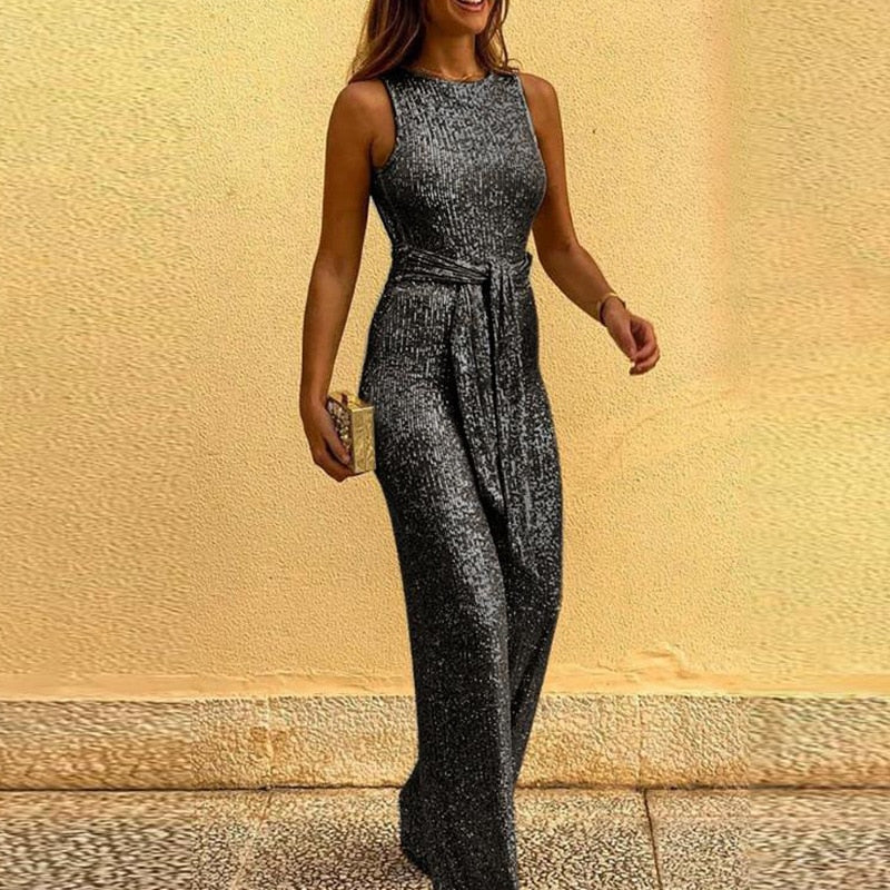 Noa – Glitter jumpsuit met V-hals en flatterende plooien bij de taille