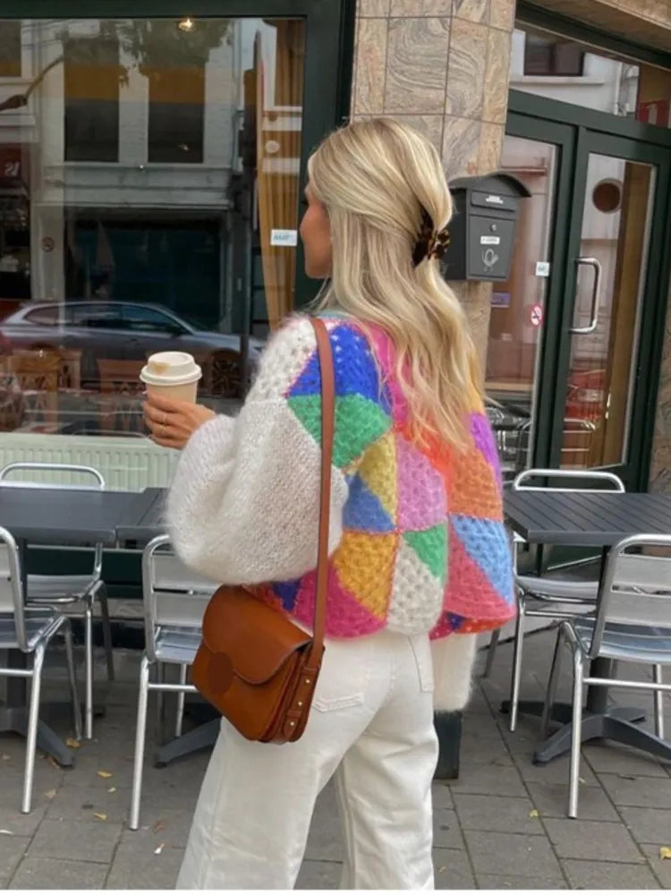 Jade - Kleurrijk Oversized Gehaakt Vest met Pofmouwen