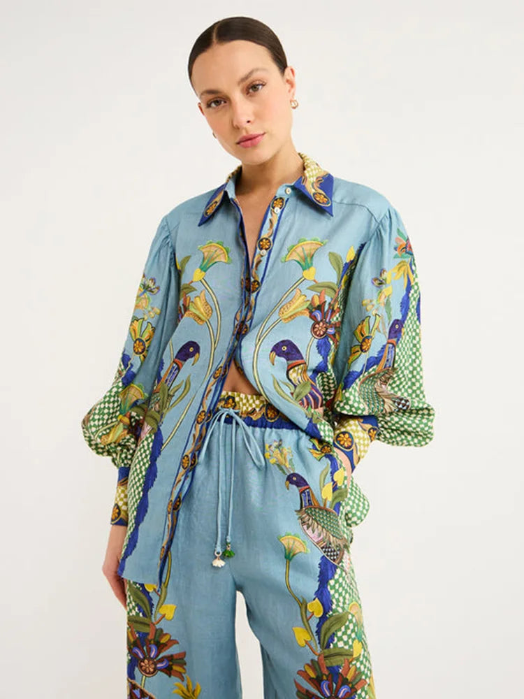 Luna – Linnen Zomer Blouse Set Met Exotische Print Met Knoopsluiting