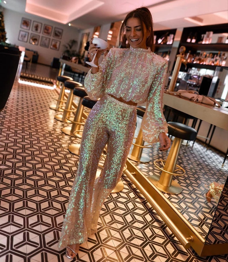 Sharina – Glitter Pailletten Set Met Flare Mouwen En Broek
