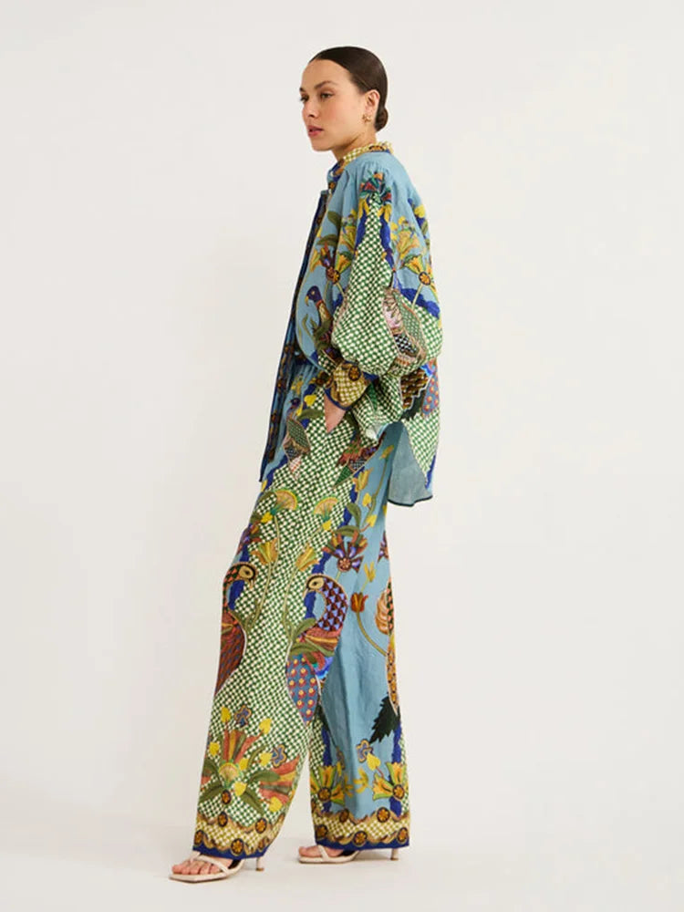 Luna – Linnen Zomer Blouse Set Met Exotische Print Met Knoopsluiting