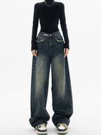 Donkerblauwe wide leg jeans met vintage wassing