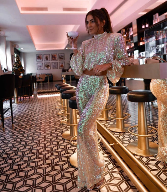 Sharina – Glitter Pailletten Set Met Flare Mouwen En Broek