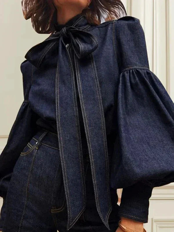 Christiana – Denim Dames Blouse Met Pofmouwen en Strik