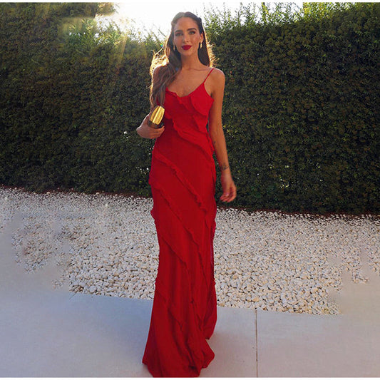 Elena – Ruffle Maxi Jurk Met Dunne Bandjes En Open Rug