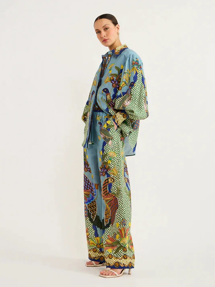 Luna – Linnen Zomer Blouse Set Met Exotische Print Met Knoopsluiting