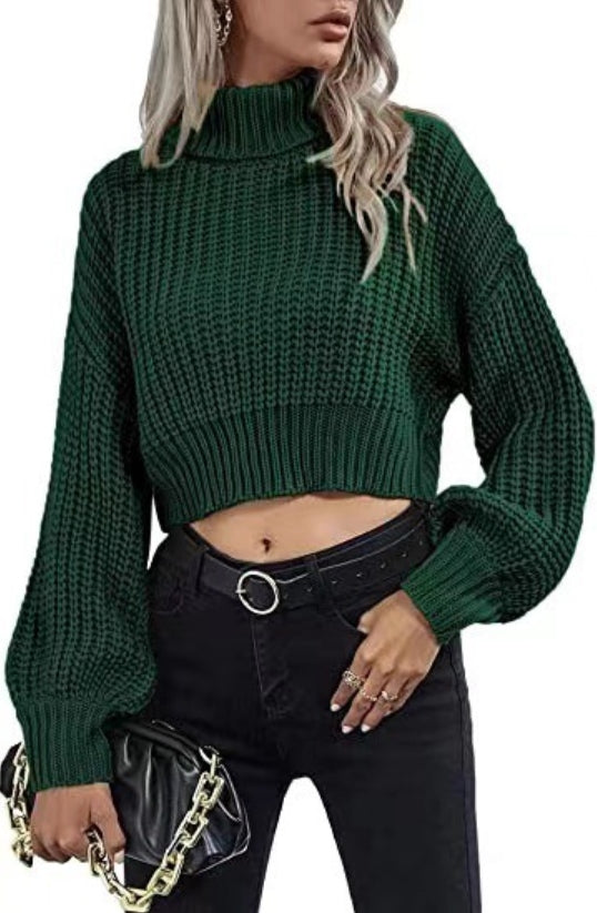 Léa – Cropped wollen dames trui met hoge hals en balloon mouwen
