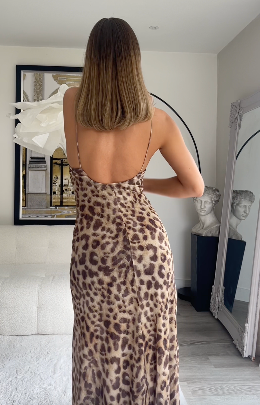 Liyana – Luipaardprint maxi-jurk met stretchstof en spaghettibandjes