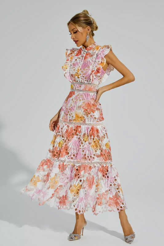 Fleur - Luchtige Maxi Jurk met Geborduurde kanten Bloemenprint