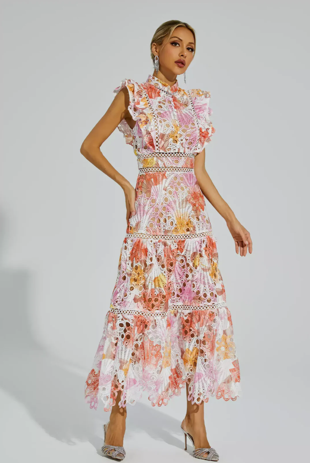 Fleur - Luchtige Maxi Jurk met Geborduurde kanten Bloemenprint
