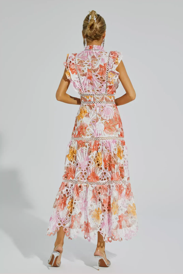 Fleur - Luchtige Maxi Jurk met Geborduurde kanten Bloemenprint