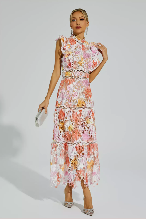 Fleur - Luchtige Maxi Jurk met Geborduurde kanten Bloemenprint