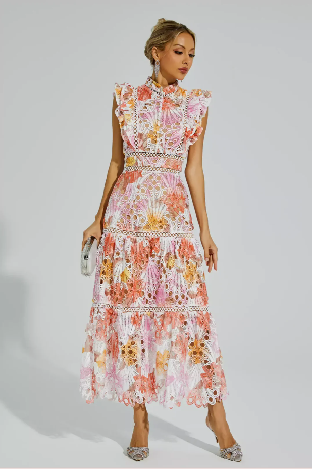 Fleur - Luchtige Maxi Jurk met Geborduurde kanten Bloemenprint