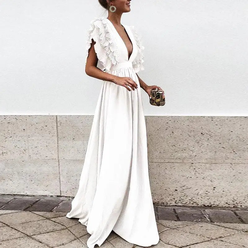Anna -  Diepe V-hals Maxi-jurk Met Fonsmouwen