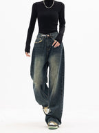 Donkerblauwe wide leg jeans met vintage wassing