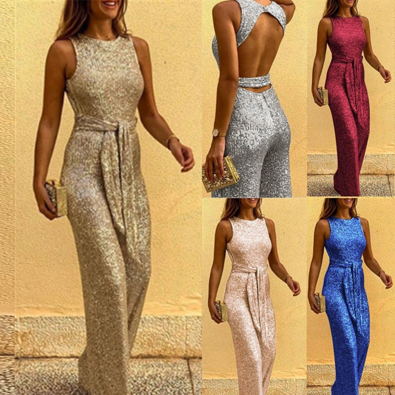 Noa – Glitter jumpsuit met V-hals en flatterende plooien bij de taille