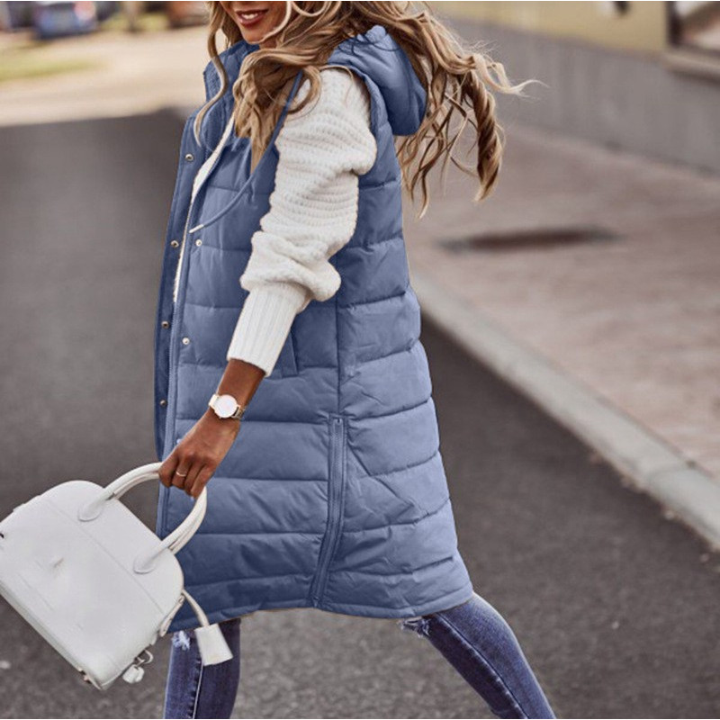 Camille – dames lange bodywarmer met capuchon en steppatroon