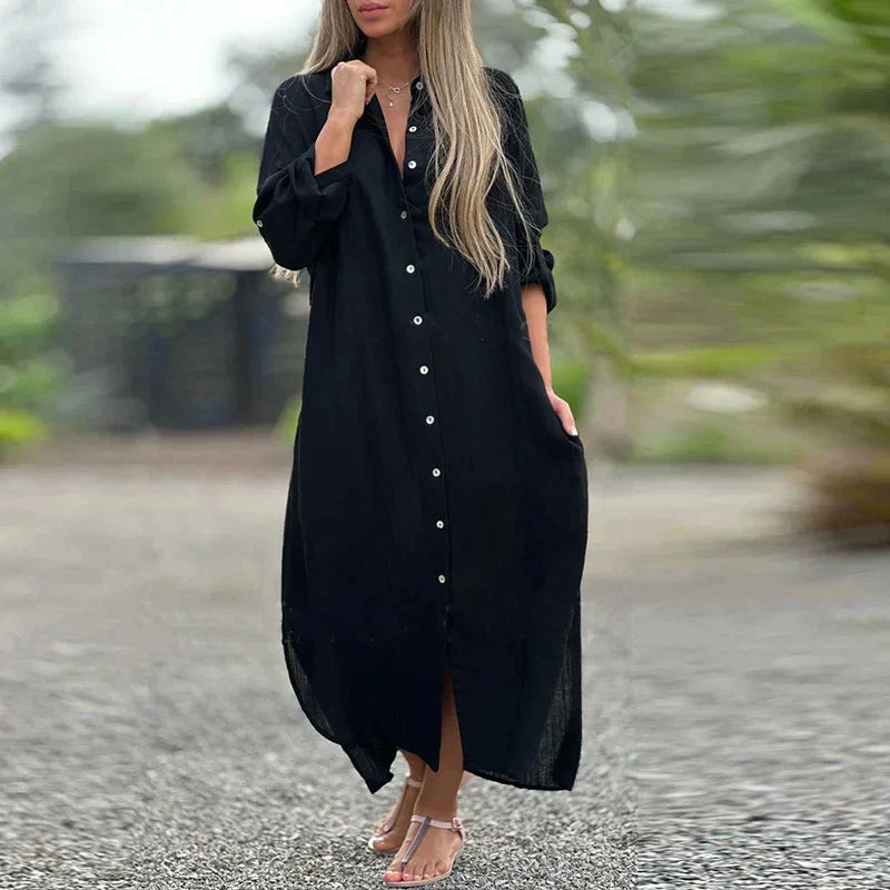 Luna – Oversized Linnen Maxi Overhemd Jurk Met Lange Mouwen