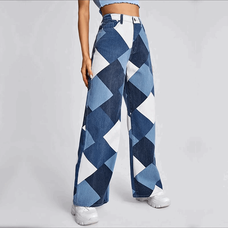 Wide leg jeans met patchwork print