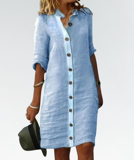 Lena – Witte button-down jurk van katoen-linnen blend met tailleceintuur