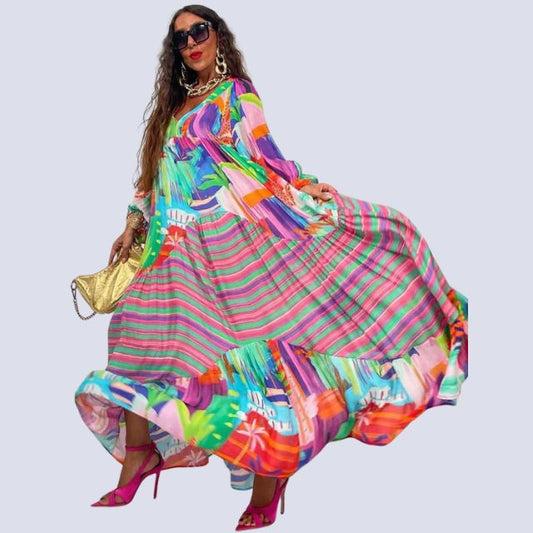 Imelda – Boho maxi-jurk met V-hals en kleurrijke vintage print