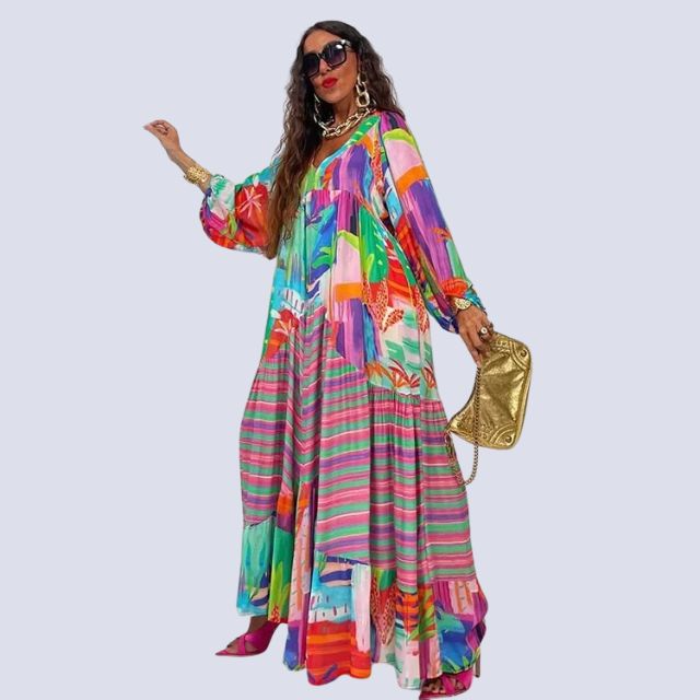 Imelda – Boho maxi-jurk met V-hals en kleurrijke vintage print