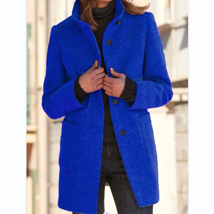 Alina – dames trenchcoat van wol-polyester mix met ronde hals en knoopsluiting