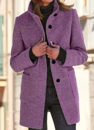 Alina – dames trenchcoat van wol-polyester mix met ronde hals en knoopsluiting