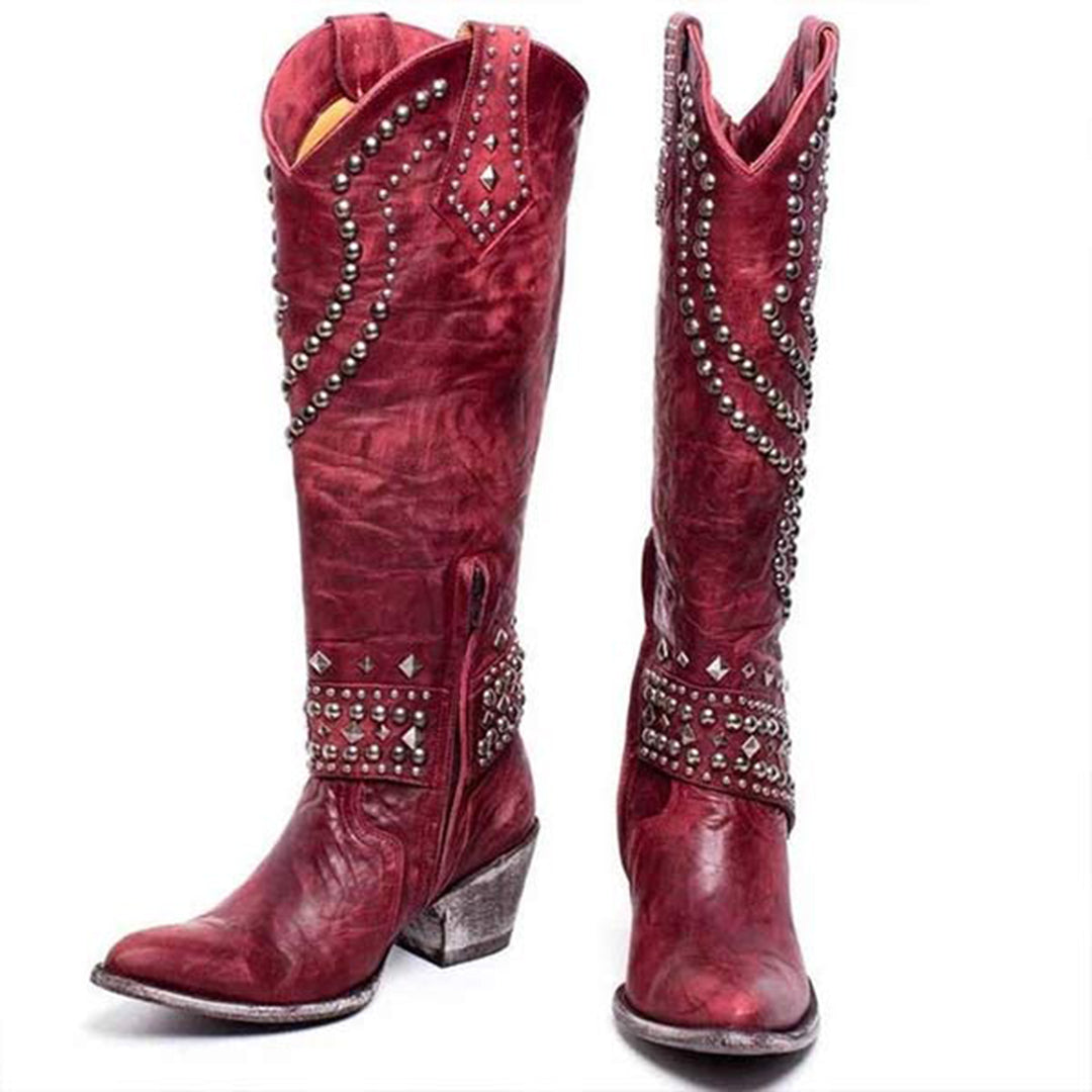 Joanne – hoge pu leren laarzen met studs en stevige hak