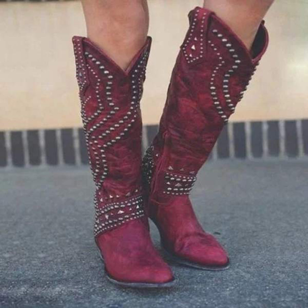 Joanne – hoge pu leren laarzen met studs en stevige hak