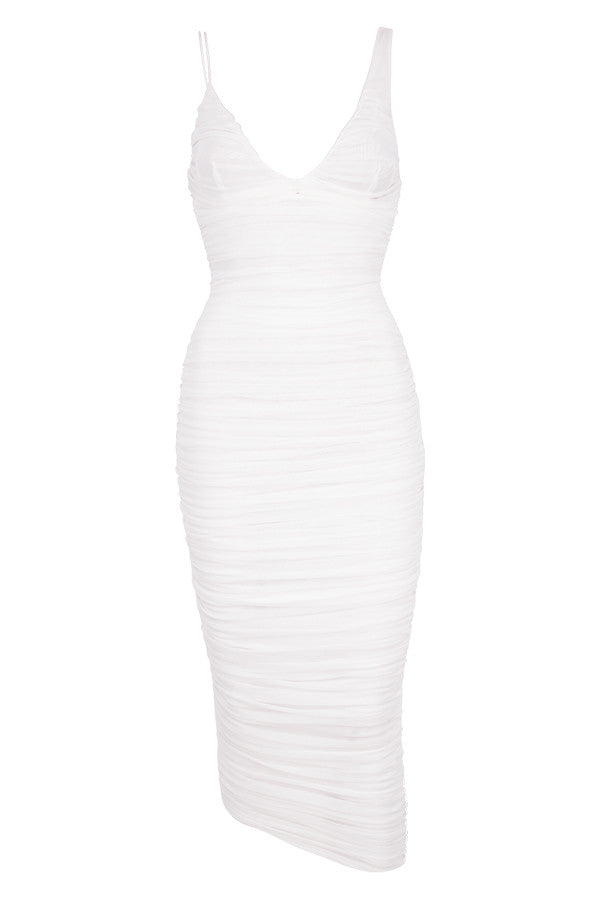 Rosa – Midi bodycon jurk met ruches diepe V-hals en smalle bandjes