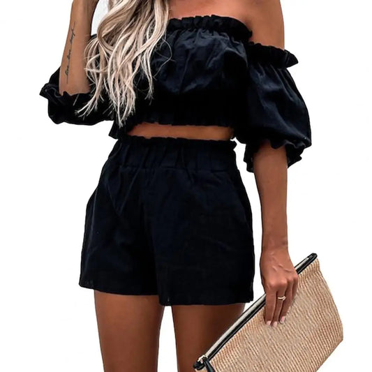 Lina – Tweedelige set van katoenmix met off-shoulder crop top en hoge taille shorts
