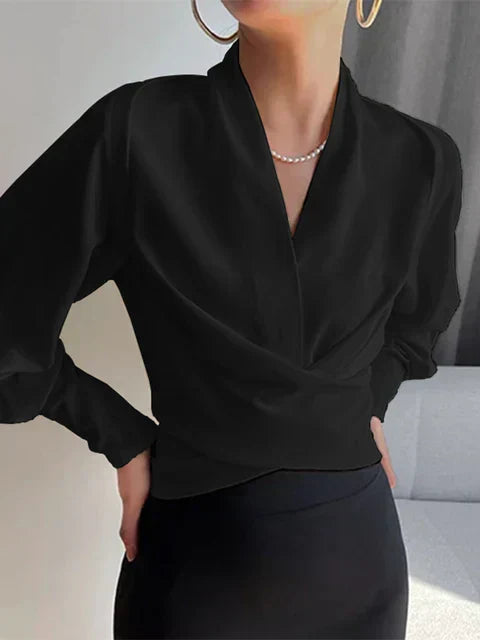 Isabelle - Satijnen V-hals Blouse Met Pofmouwen & Flatterende Taille