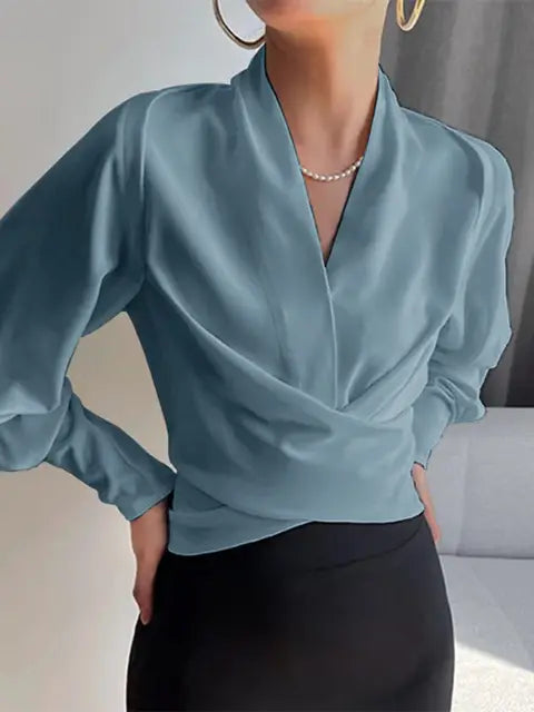 Isabelle - Satijnen V-hals Blouse Met Pofmouwen & Flatterende Taille